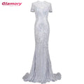 Luxury Beaded Formal Gowns Short Sleeves Trumpet Evening Gown for Muslim Evening Dress