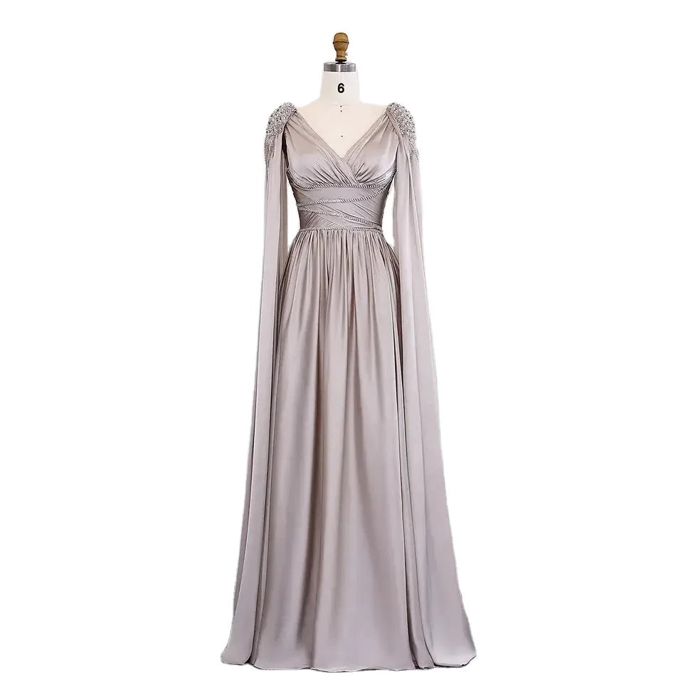 2025  Luxury Crystal Rose Gold Evening Dress With Cape Elegant V-Neck Turquoise Women Wedding Party Gown