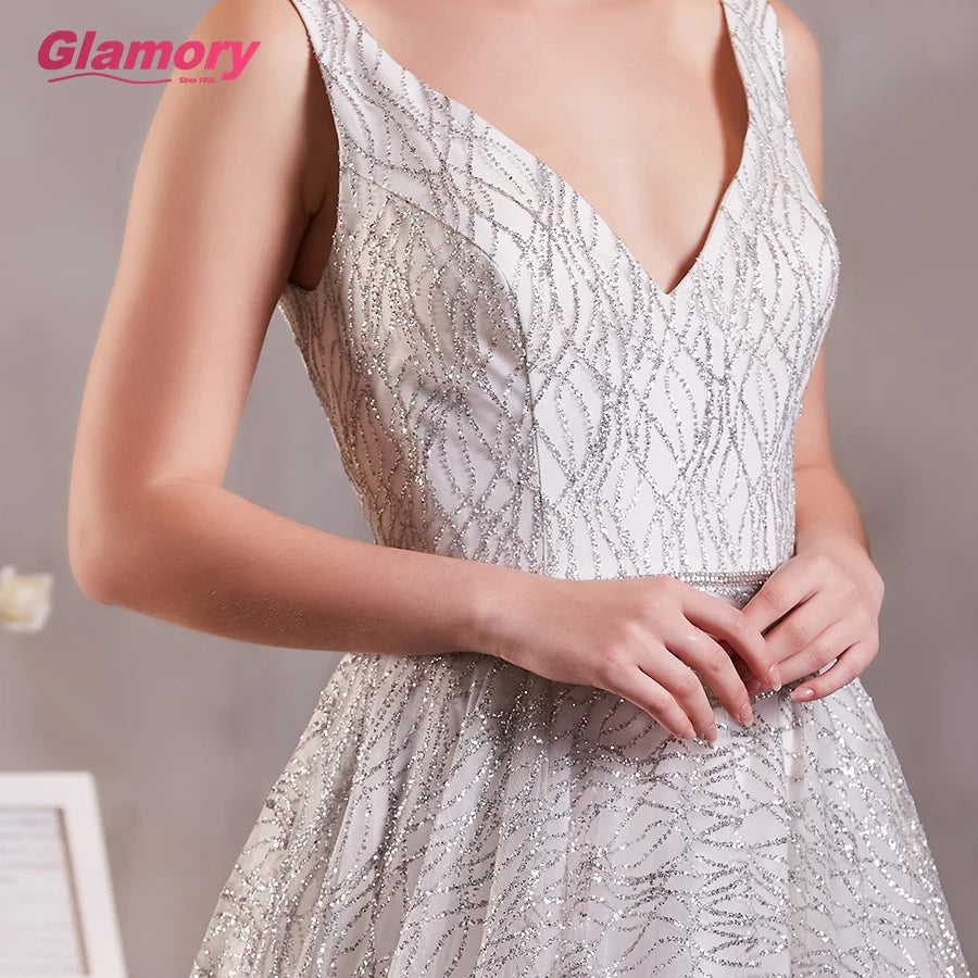 Silver Hot Selling Bling Prom Dresses V-neck Gown Dress Graduation Dress Sleeveless