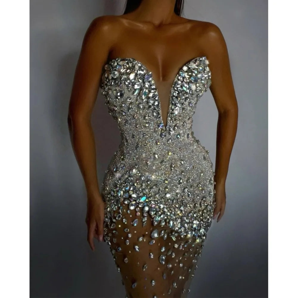 Sparkly Diamonds Silver Sexy Strapless Backless Beading Mini Gowns Dress Elegant Evening Party Club Dress