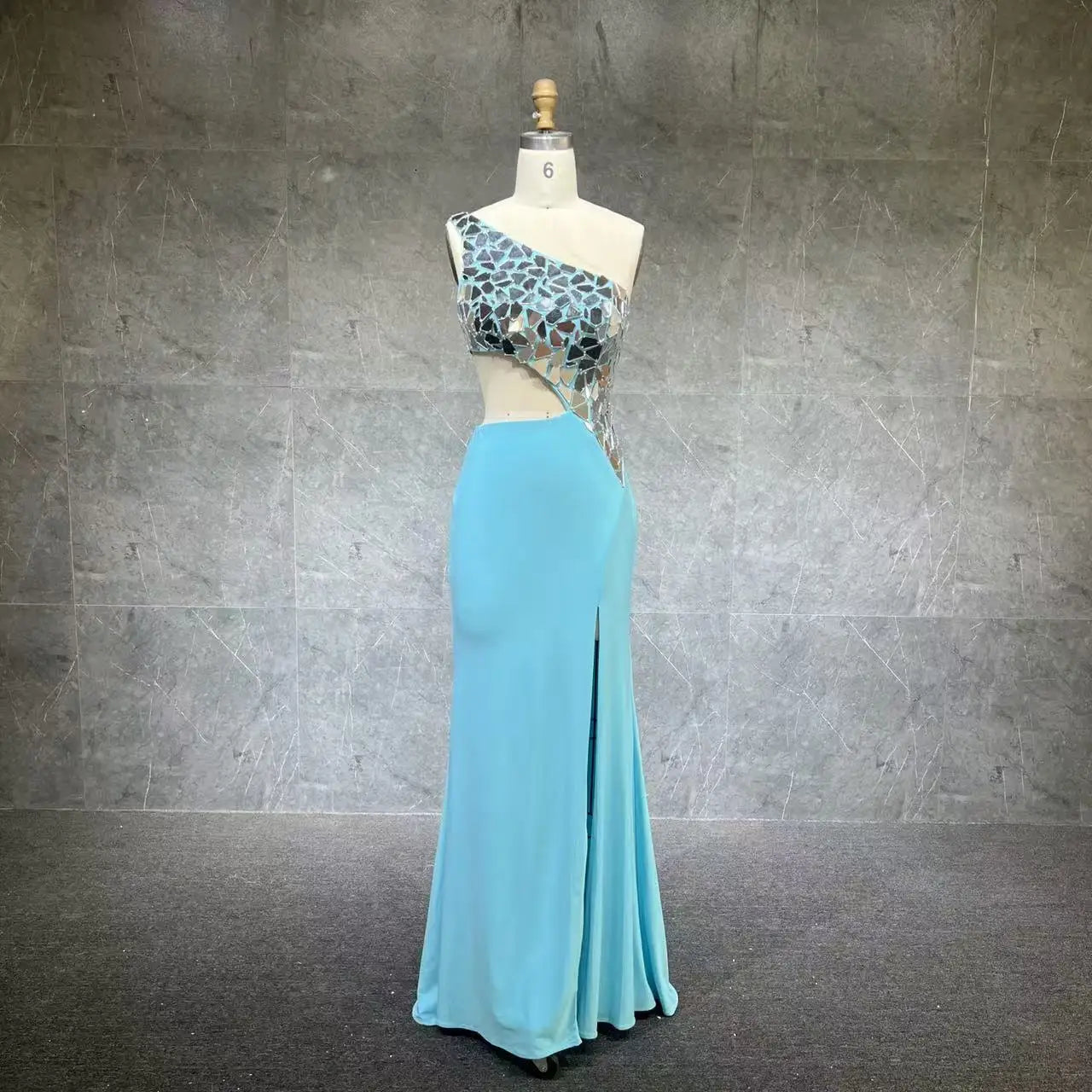 One-Shoulder High-Slit Long Prom Dress Glass Mirror Lady Preteen Girl Pageant Gown Formal Party Guest Runway