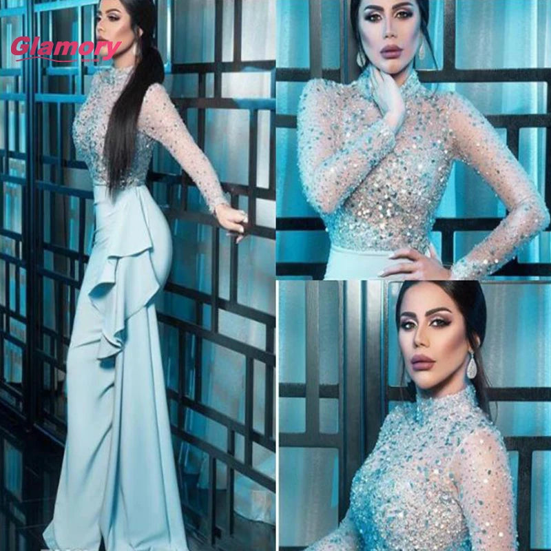 Light Blue High-necked Long-sleeved Ruffled Beaded Mermaid Ball Gown for Arab Women Muslim Islamic Evening Dress