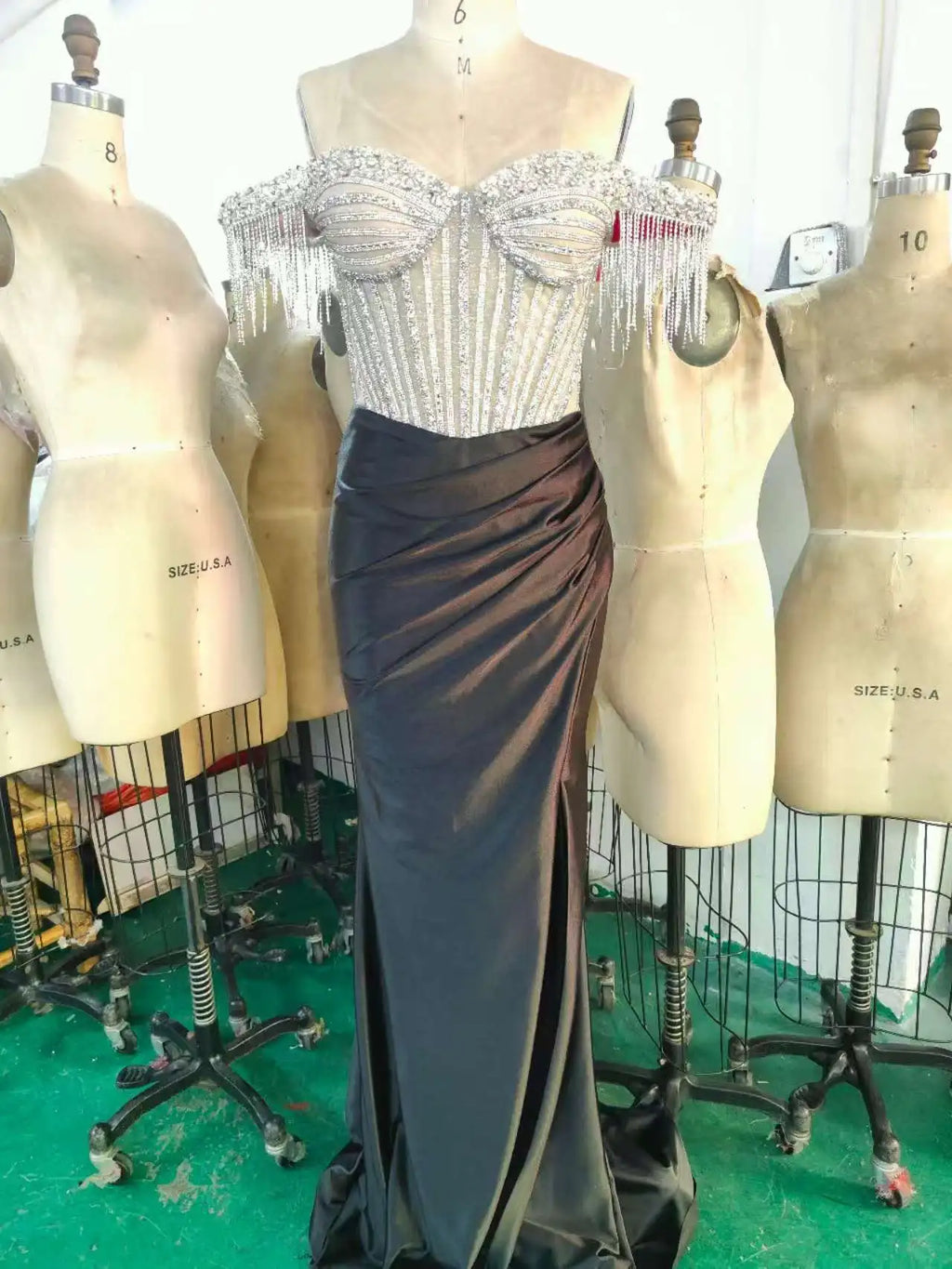 Elegant Off-Shoulder Beaded Evening Dress Satin Floor-Length Prom Dress Tassel Breathable Party-Style Natural Waistline Pleats