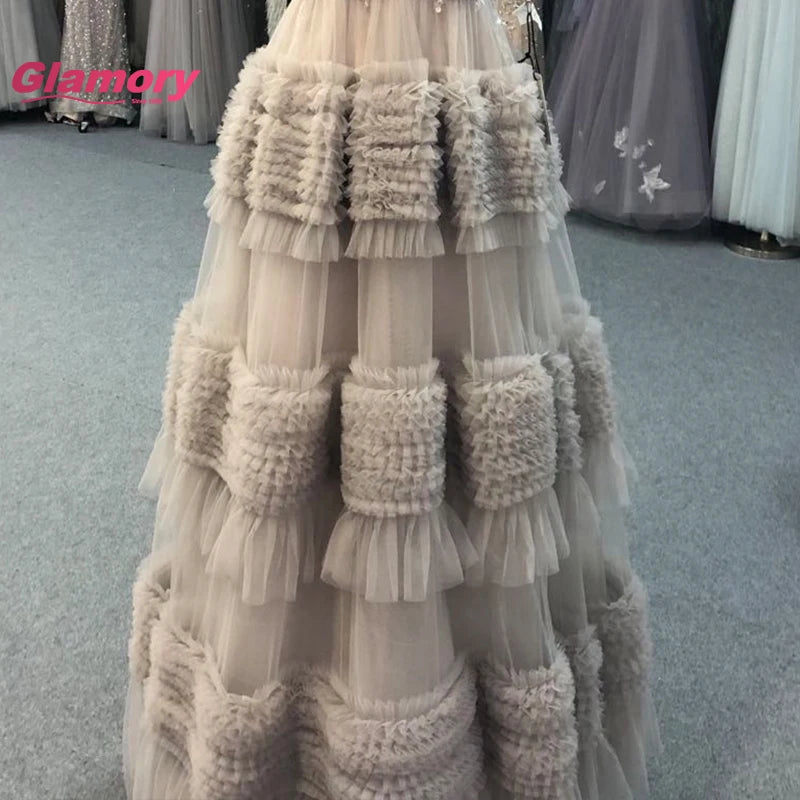 2020 Fashion New Design Grey Tiered Tulle Evening Dresses Long Beaded Lace Floral Applique Prom Gown