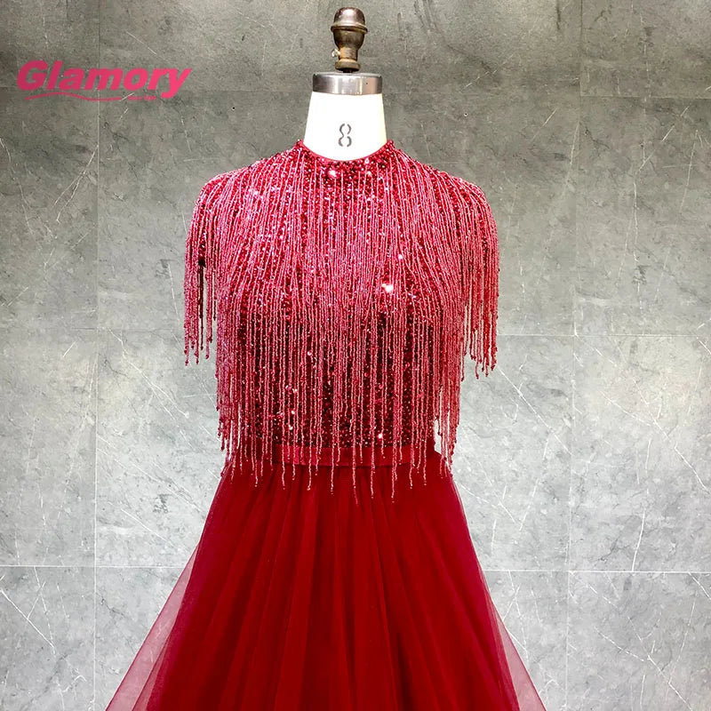 Hot Sale New Style Evening Party Tassel Beading Custom A-Line Women Burgundy Prom Dress