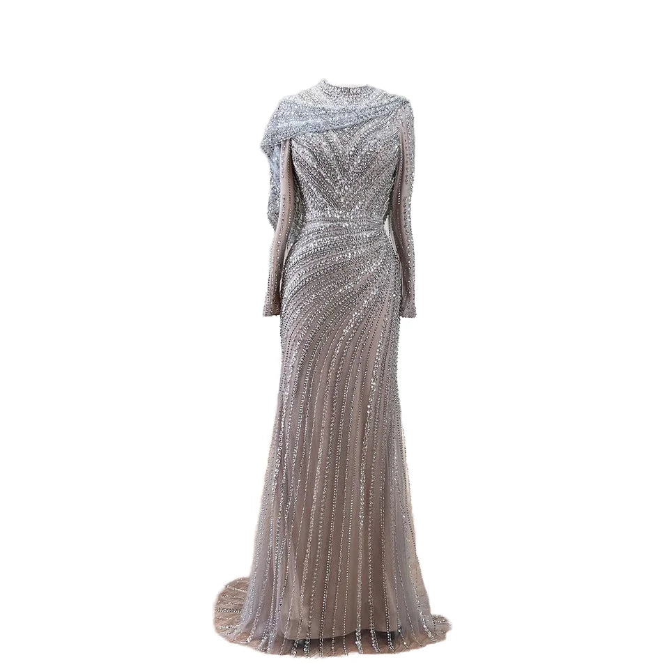 Silver Nude Beaded Mermaid Party Gown for Women Muslim Long Sleeves Full Coverage Evening Floor-Length