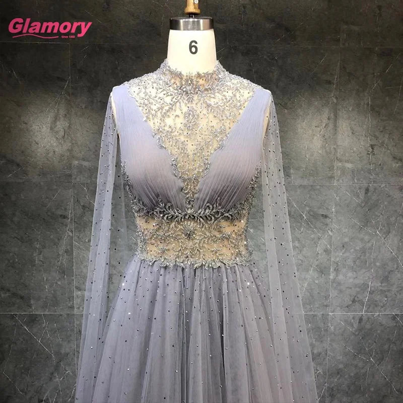 2021 Full Sleeve O-Neck Ball Gown  Beading Embroidery Tulle Floor-length Evening Dresses