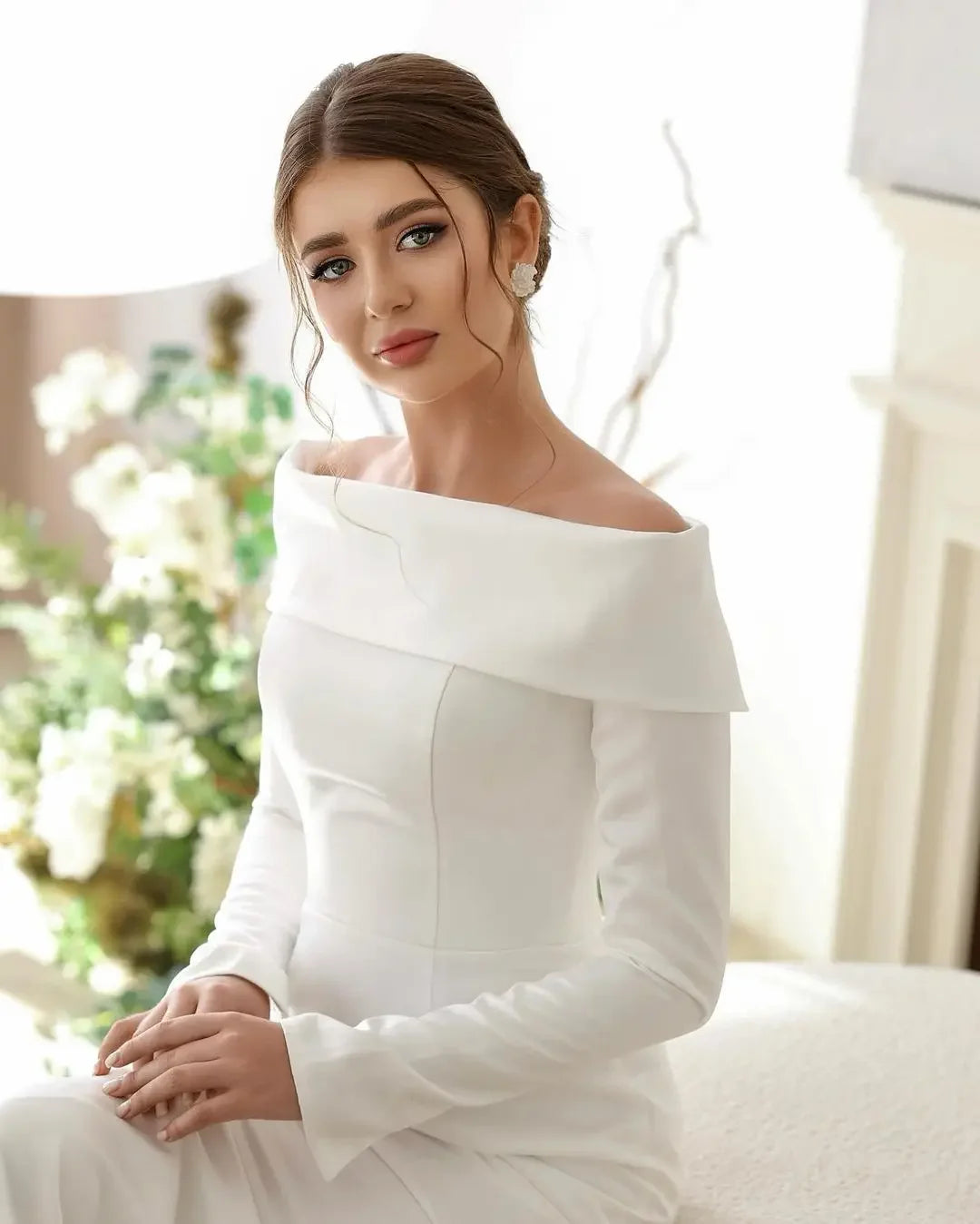 Sweeping Crepe Gown Satin Wedding Dresses Off Shoulder Bridal Gowns Women Wedding Guest Formal Party Dress