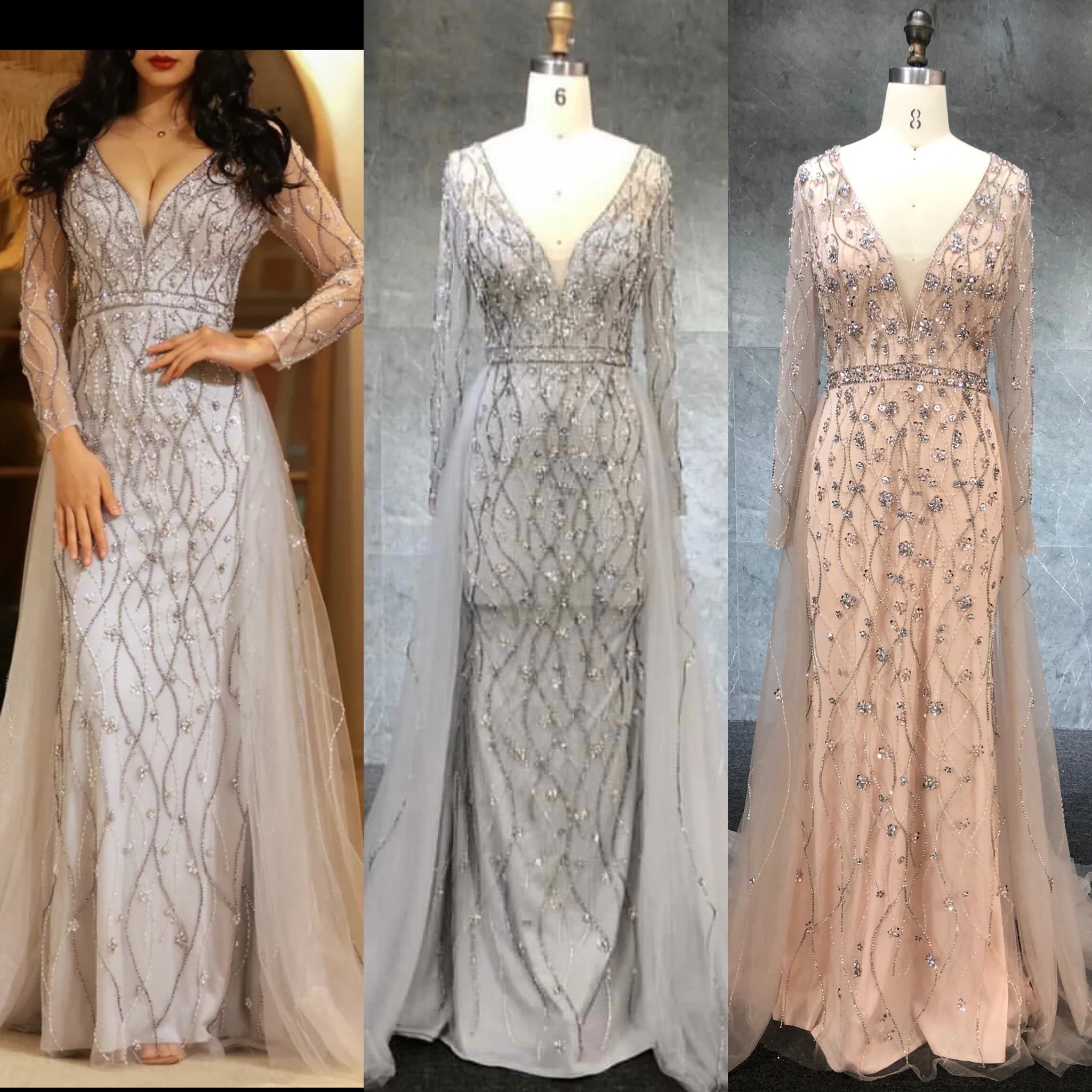 Hot Sale New Design Tulle Prom Dress Long Sleeve  Evening Dresses With Crystal Beading