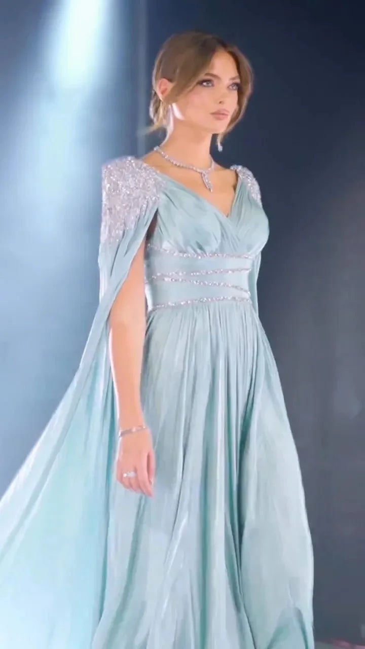 2025  Luxury Crystal Rose Gold Evening Dress With Cape Elegant V-Neck Turquoise Women Wedding Party Gown