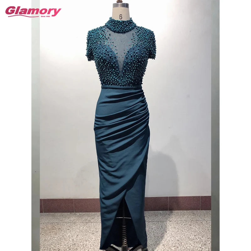 2022 Fashion Vestido De Novia Pearls Beaded Maxi Dress Short Sleeved Sexy Slit Women Party Gown Prom Dress