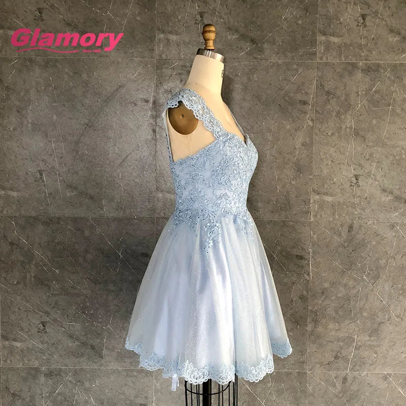Wholesale 2020 Summer Blue Short Banquet Lace Appliqued Plus Size Beading Backless Homecoming Dress