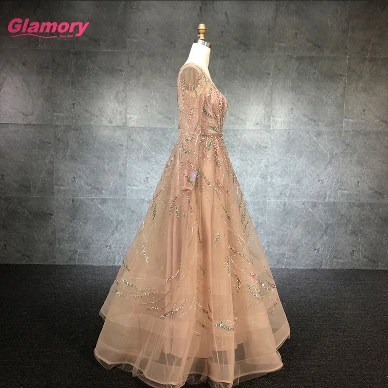 2021 New Fashion O-Neck Full Sleeve Ball Gown Colourful Beading Party Prom Dress for Women
