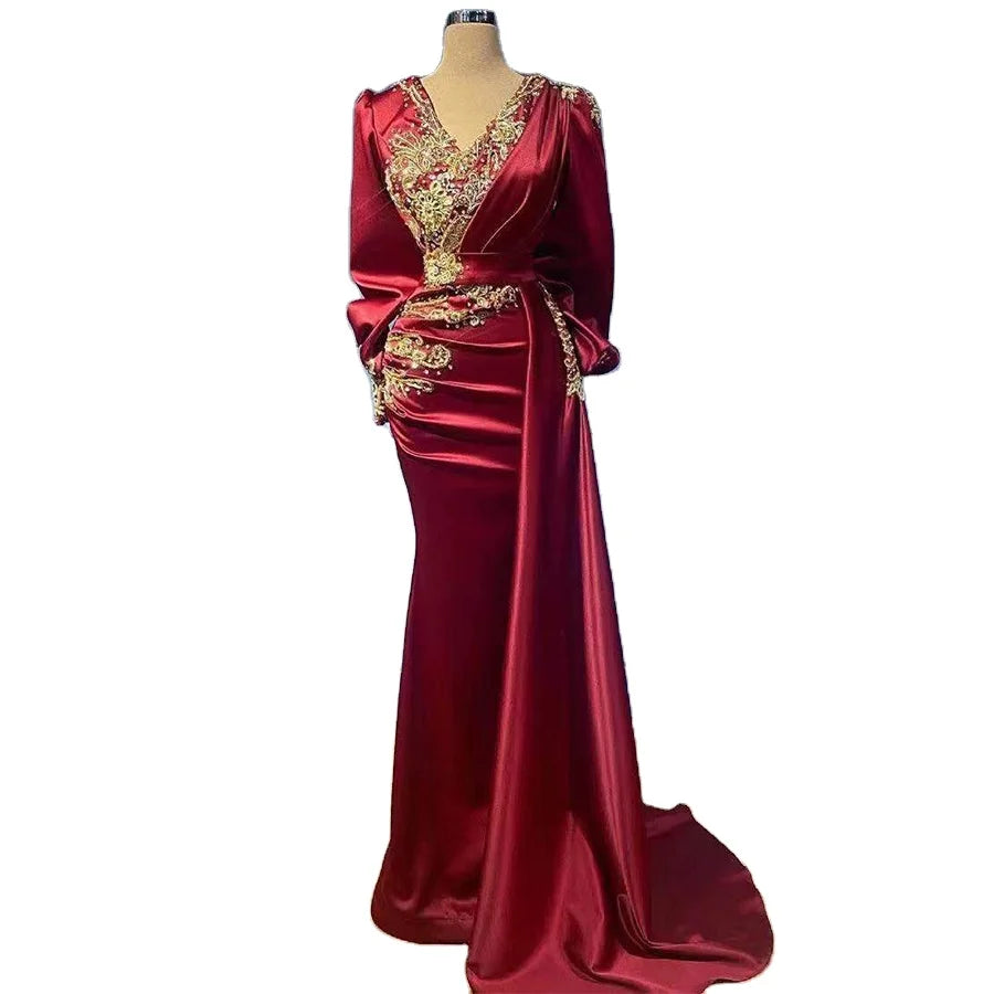 Modest Long Sleeve Handmade Beaded  Ruffle Satin Party Elegant Mermaid Party Evening Dress for Woman