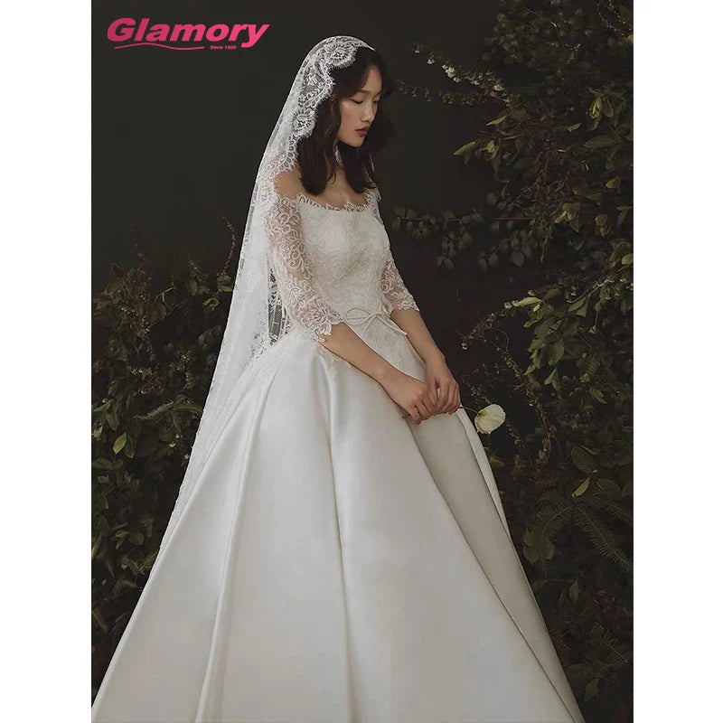 White Off Shoulder Gowns High Quality Lace Long Sleeve Plus Size Satin Wedding Dresses