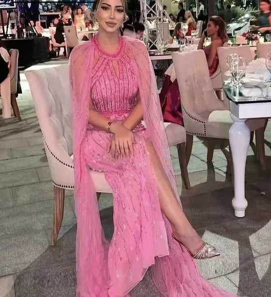 NEW Pink Cape Sleeves Mermaid  Beaded Elegant Evening Dresses Luxury Gowns for Women Arabic Party