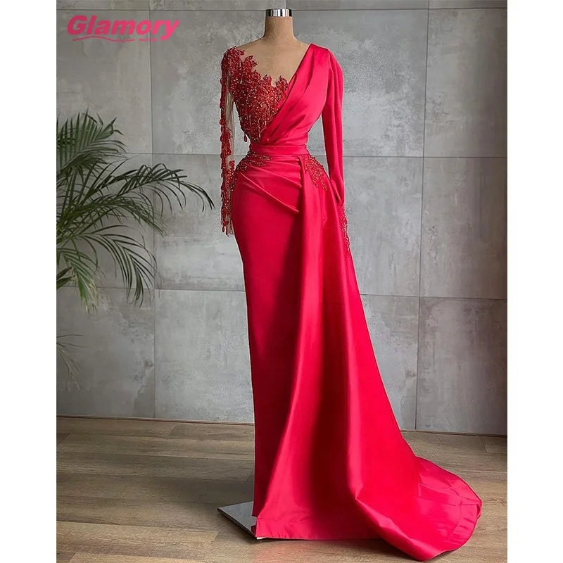 2021 New Style Long Sleeve Stain Evening Gowns Mermaid Beading Party Wear Dresses for Women