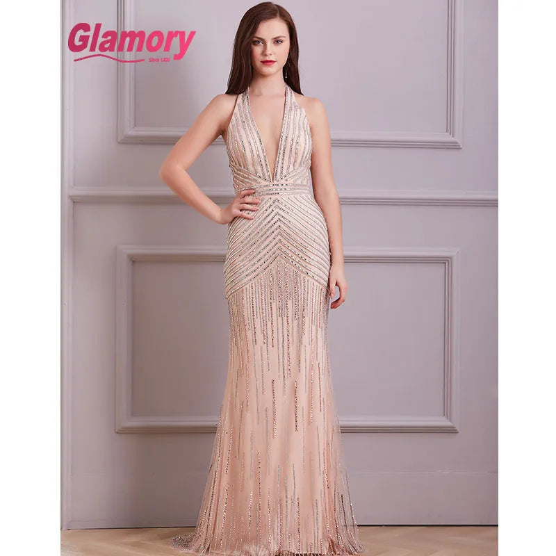 Women Dresses Glamorious Hot Drilling V-neck Beaded Gown Dress Halterneck  Evening Dress