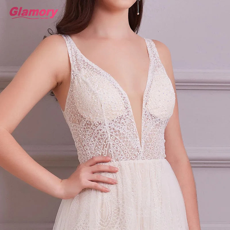 White Dresses Long Sexy See Through Glitter Tulle Prom Floor Length Evening Dress for Women