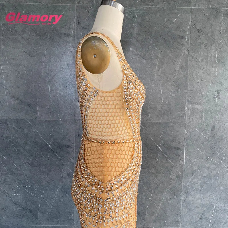 New 2020 Women Sexy Translucent Gold Silver Deep V-neck Slim Evening Dress for Woman