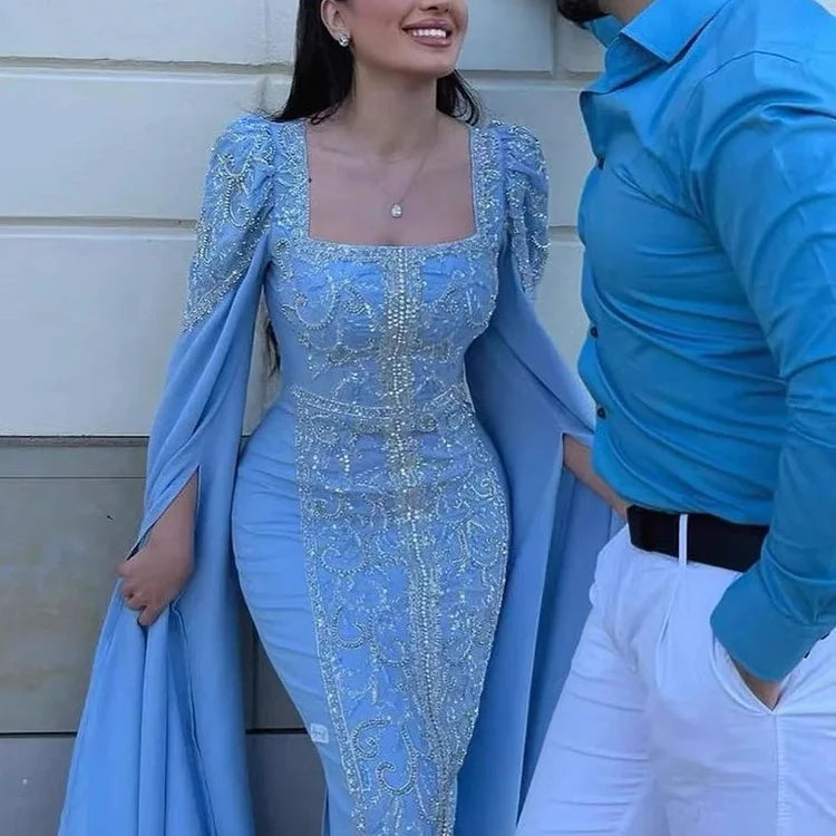 Blue Muslim Elegant Mermaid Cape Sleeves Evening Dresses Arabic Beaded Gowns 2023 for Women Wedding Party