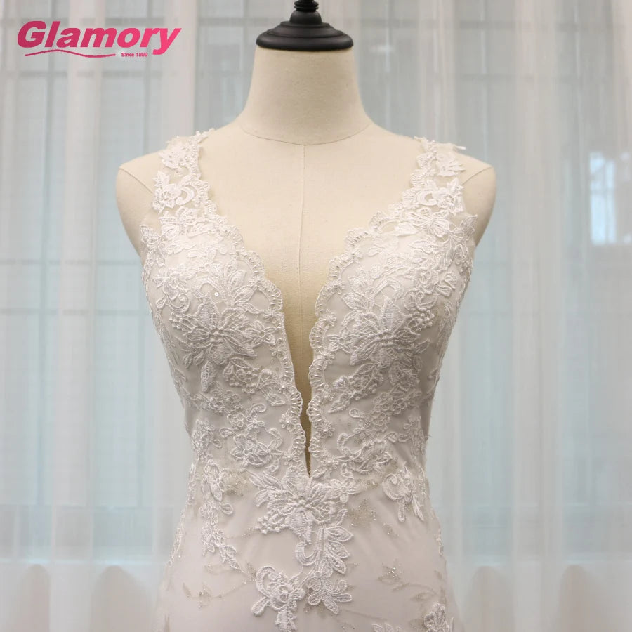 White Mermaid Vestidos De Novia Sleeveless Floor Length Beaded Dresses Lace Applique Backless Wedding Gown