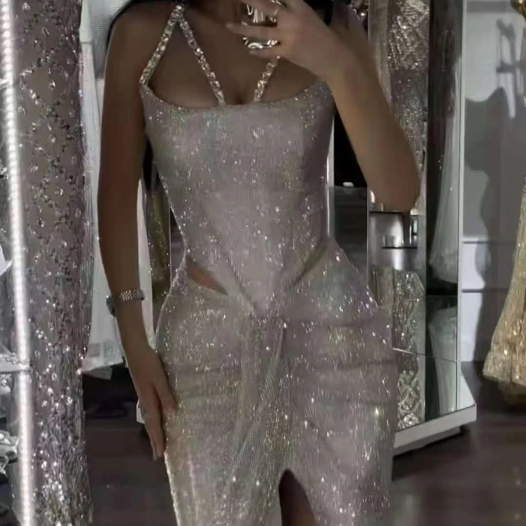 Silver Long Floor-Length Prom Dress Sexy Sleeveless with Front Slit Beading Natural Waistline Breathable Party Style