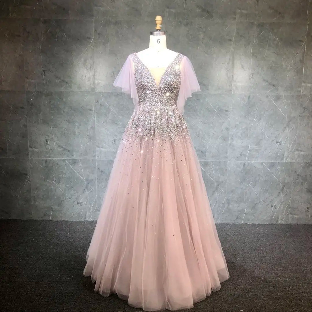 2021 New Design Pink Short Sleeve  a Line Beads Evening Sparkle Prom Dress Gowns