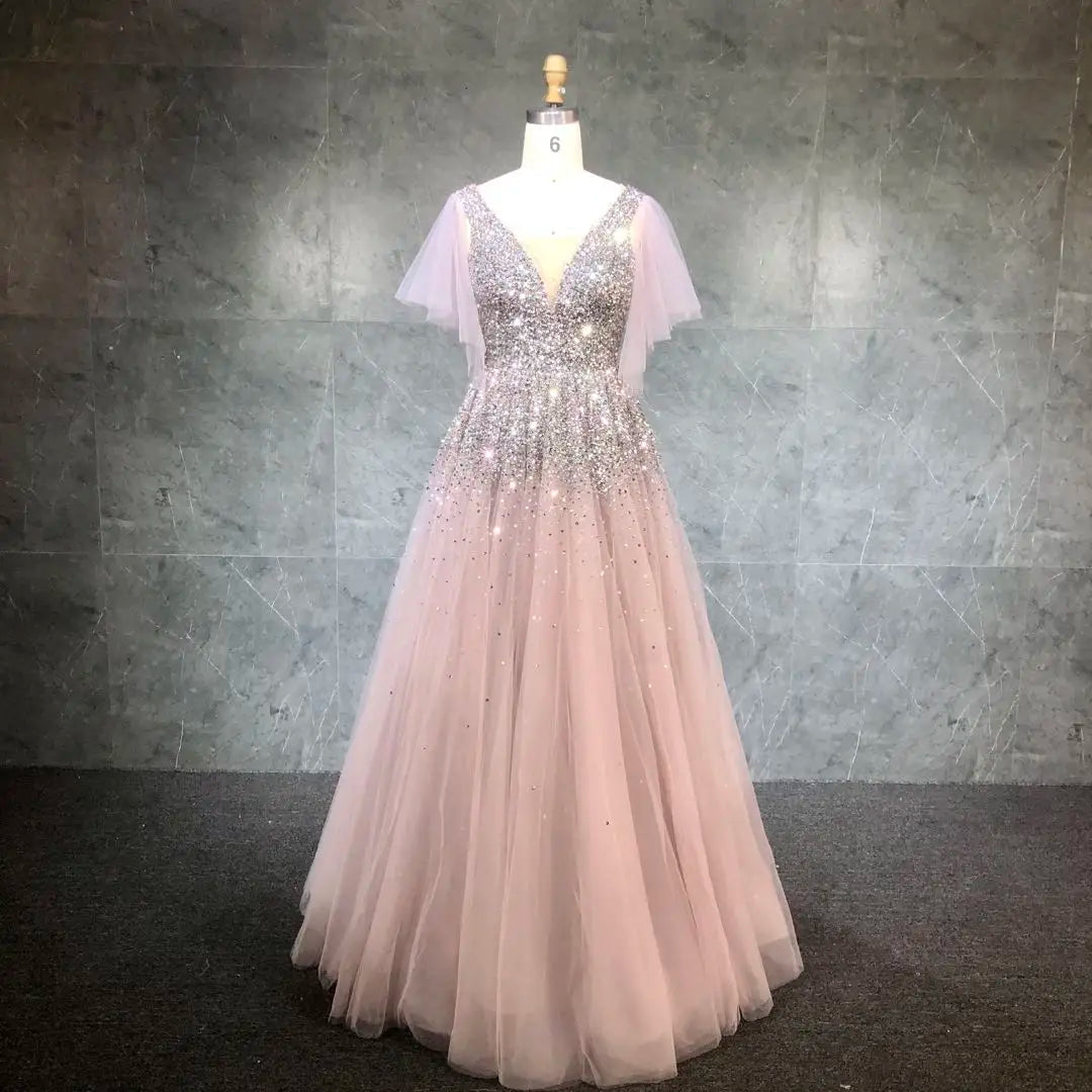 2021 New Design Pink Short Sleeve  a Line Beads Evening Sparkle Prom Dress Gowns