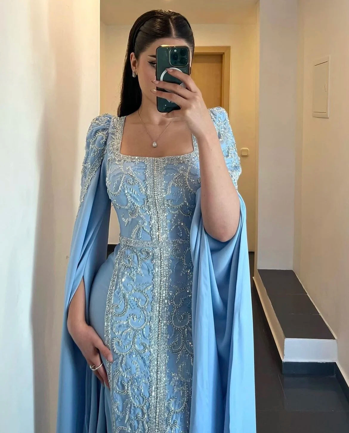 Blue Muslim Elegant Mermaid Cape Sleeves Evening Dresses Arabic Beaded Gowns 2023 for Women Wedding Party