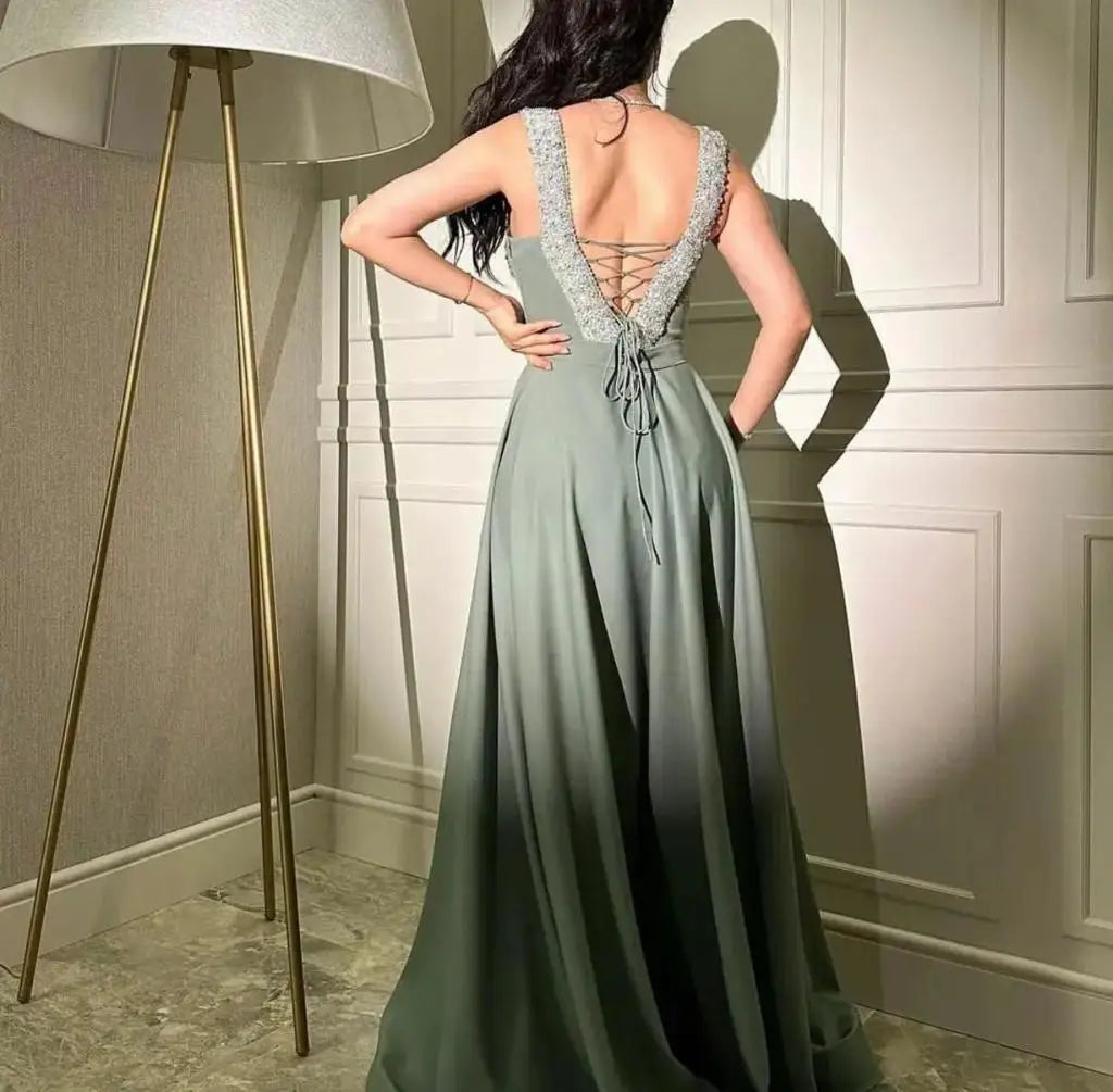 Green Satin a Line Ruched Long Prom Dresses Beaded Off Shoulder Birthday Party Formal Occasion Evening Gowns