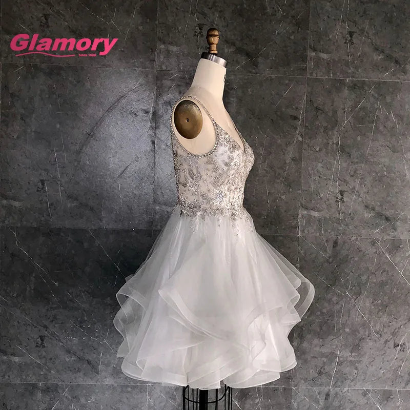 New Style Lace Embroidery Party Spaghetti Strap V-Neck Tulle Ruffles Short Graduates Prom Dress 2020