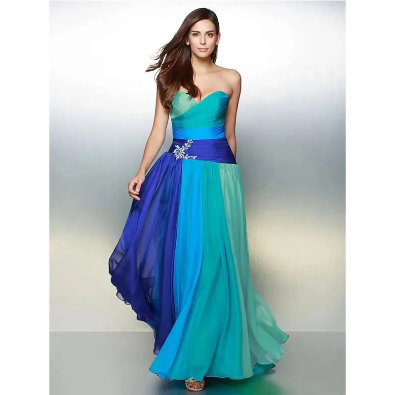 A-Line Prom Dresses Color Block Sleeveless Strapless Satin With Pleats Party Evening Party Gown