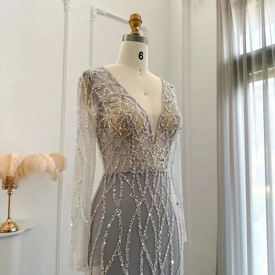 Hot Selling Wholesale Long Sleeve V-neck Beading Evening Prom for Women Evening Dresses