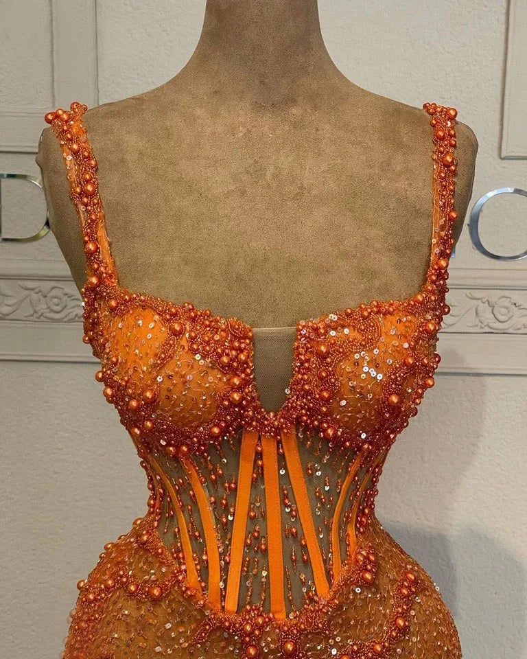 Orange Prom Dresses Mermaid Strapless Simple Cocktail Dresses With Pearls Beach Birthday Dresses Vestidos De Noche