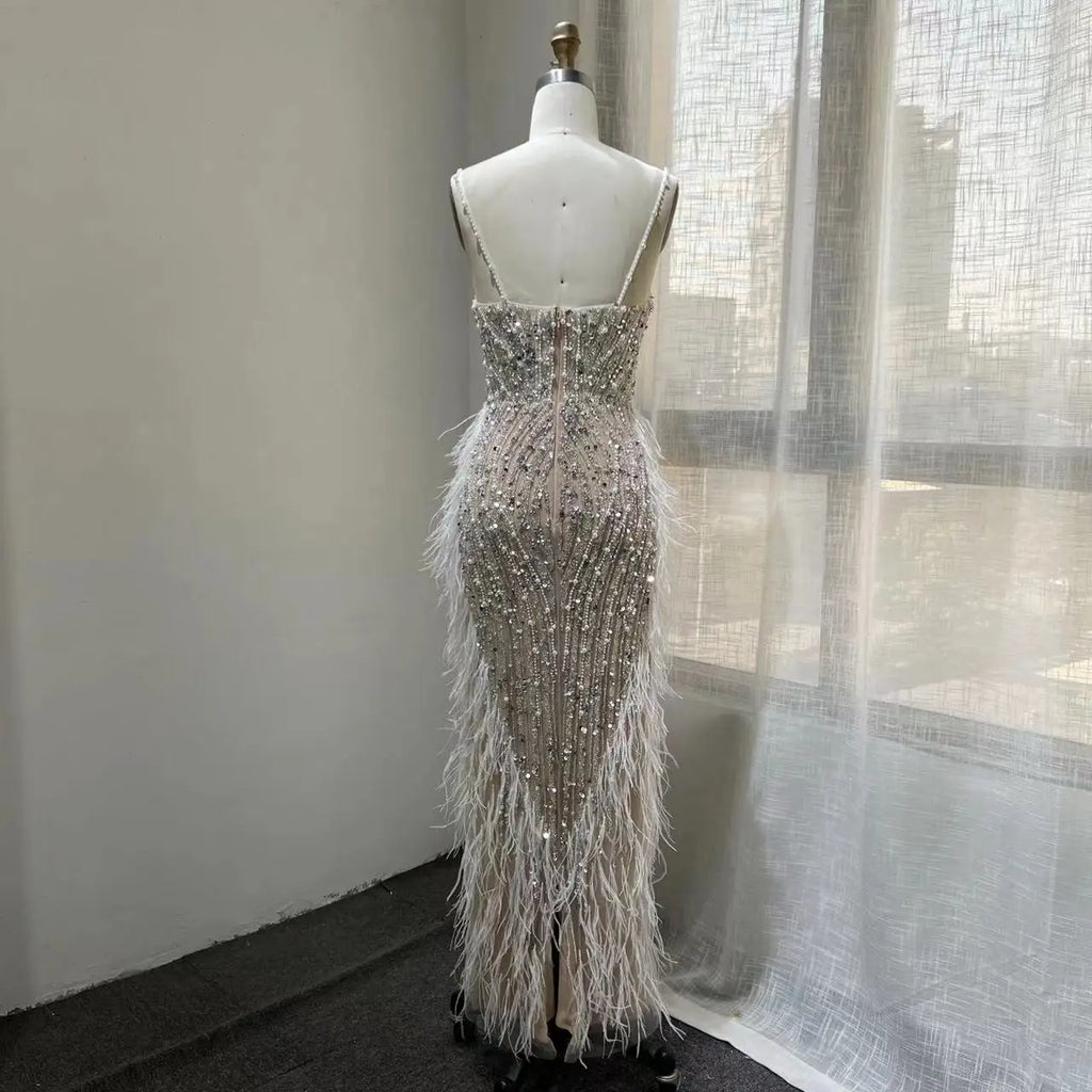 White Nude Mermaid Spaghetti Strap Beaded Feather Evening Dresses Prom Gowns 2024 for Woman Wedding Party
