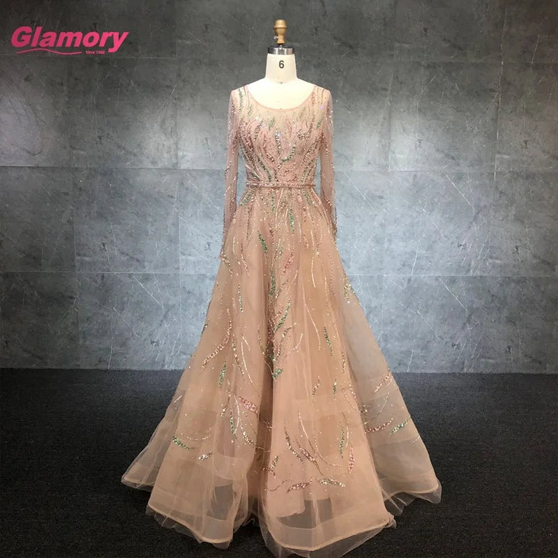 2021 New Fashion O-Neck Full Sleeve Ball Gown Colourful Beading Party Prom Dress for Women