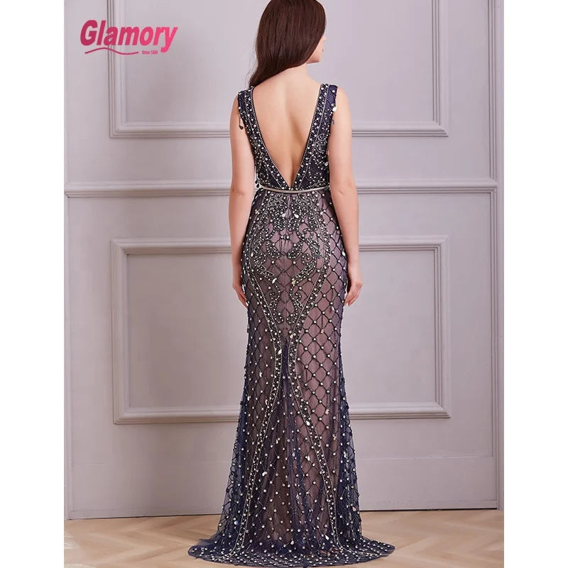 Dark Bule Customized Luxury Full Crystal Sexy Transparent Formal Evening Dresses Ladies Gown Dress