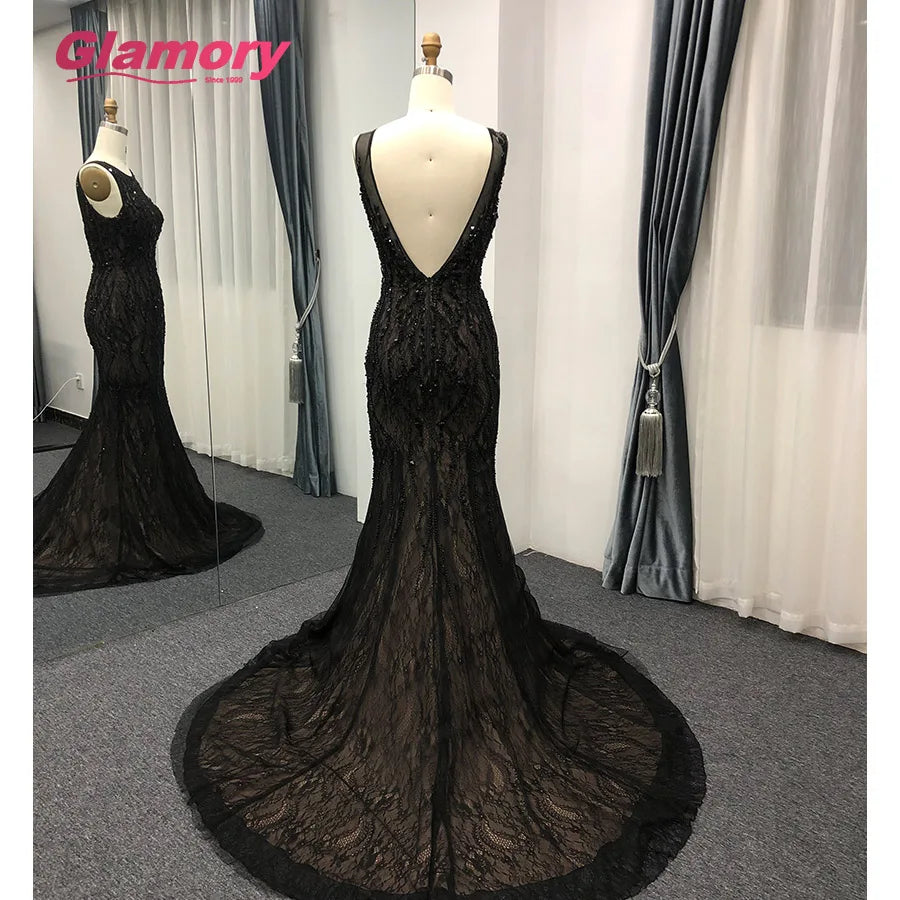 Black Long Patterns of Lace Low Backless Dress With Beads Mermaid Formal Evening Dresses