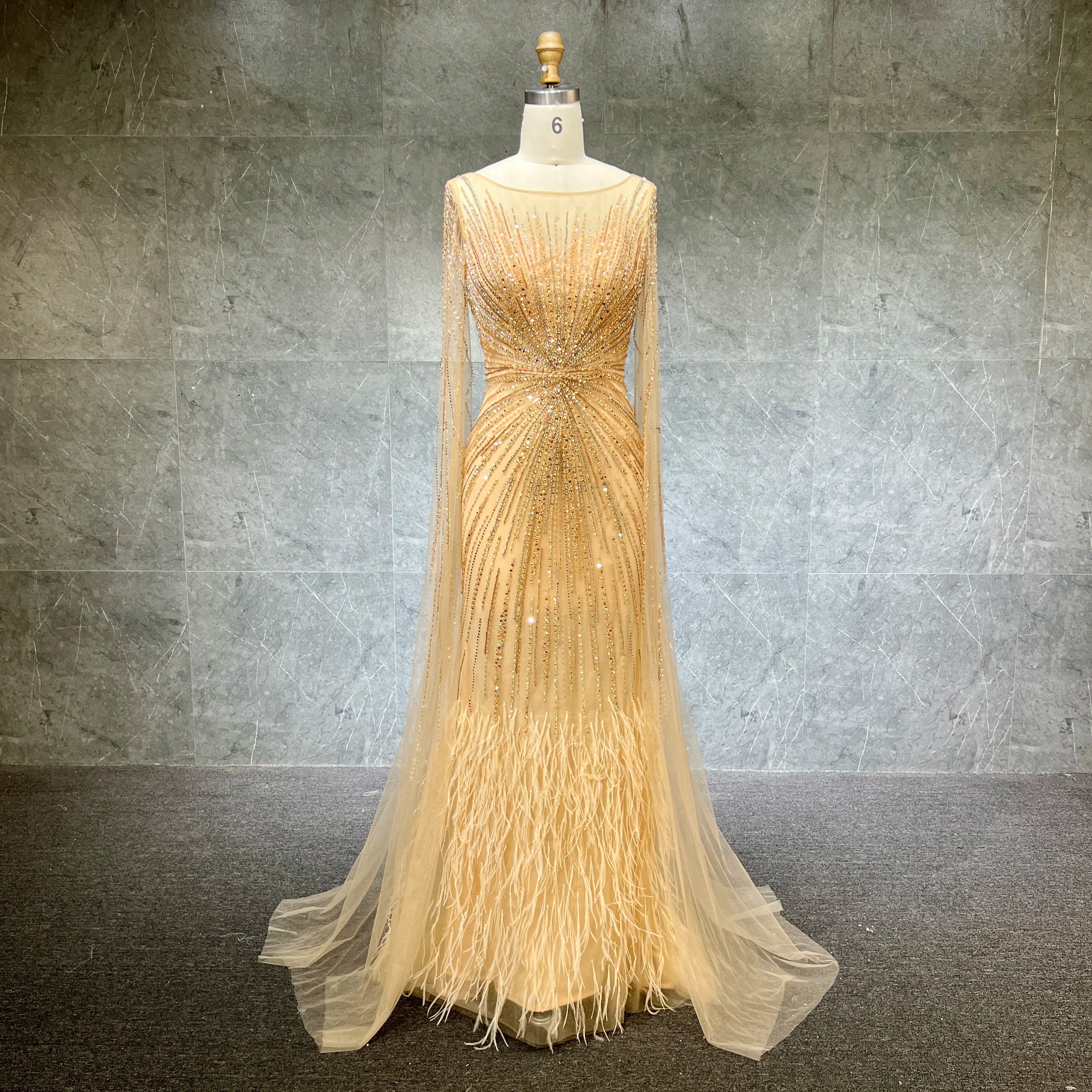 Luxury Dubai Lilac Feathers Beaded Cape Sleeves A-line Evening Gown for Women Wedding Party Dresses