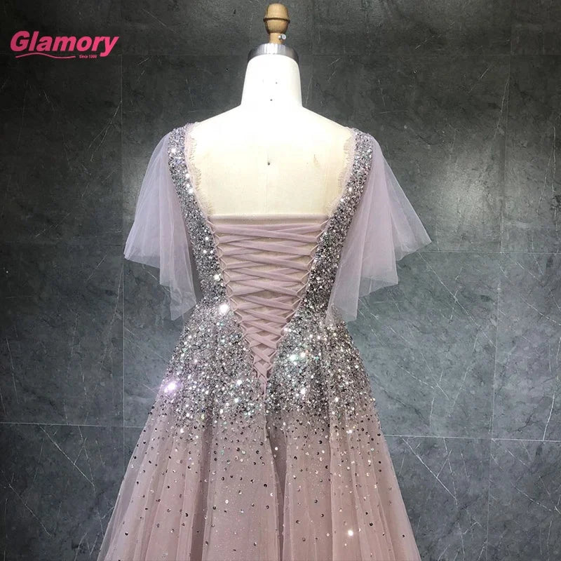 2021 New Design Pink Short Sleeve  a Line Beads Evening Sparkle Prom Dress Gowns