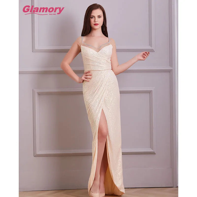 Rose Gold Fishtail Sequin Hot Drilling Dresses Split Pleated Banquet Dress Long Formal Evening Dress for Women