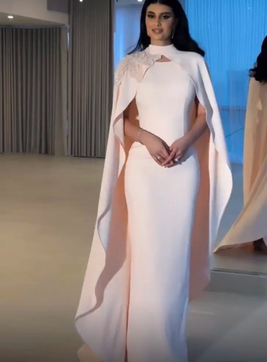 NEW Arrival Pink White Mermaid Evening Dress With Cape Sleeves Arab Beads Flowers Women Wedding Party Gowns