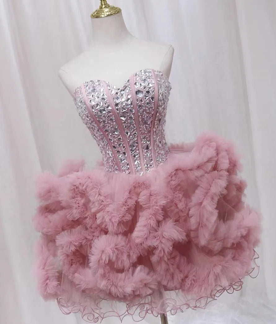 Pink New Design Sweet Heart Beading Sugar Dress Ruffles Party Evening Dress