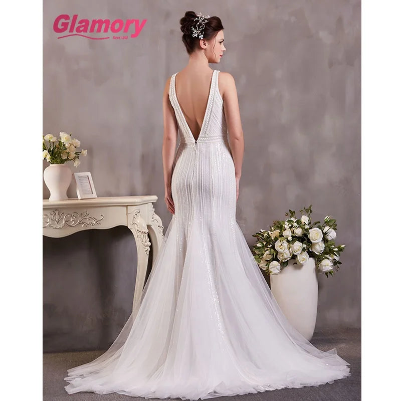 Whit Bridal Gowns v Neck Sleeveless Mermaid Lace Wedding Dresses Made in China