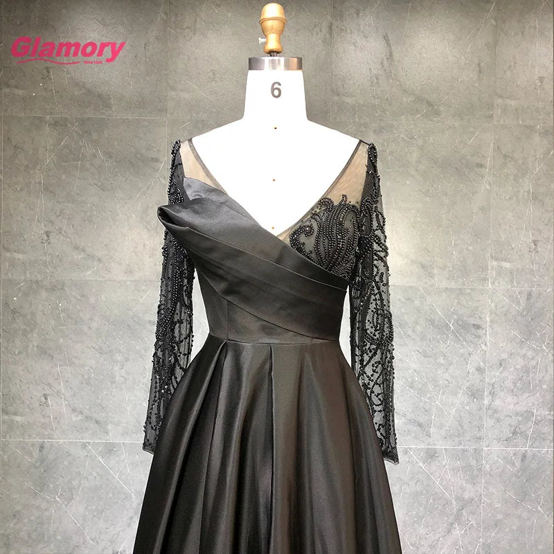 2020 Fashion New Style Deep V Neck Long Sleeves Prom Handmade Beading Evening Dress for Ladies
