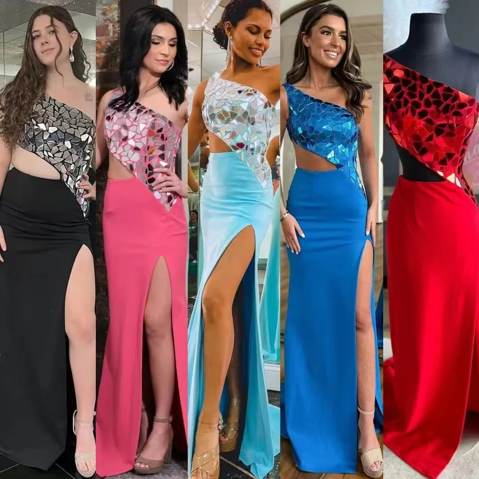 One-Shoulder High-Slit Long Prom Dress Glass Mirror Lady Preteen Girl Pageant Gown Formal Party Guest Runway