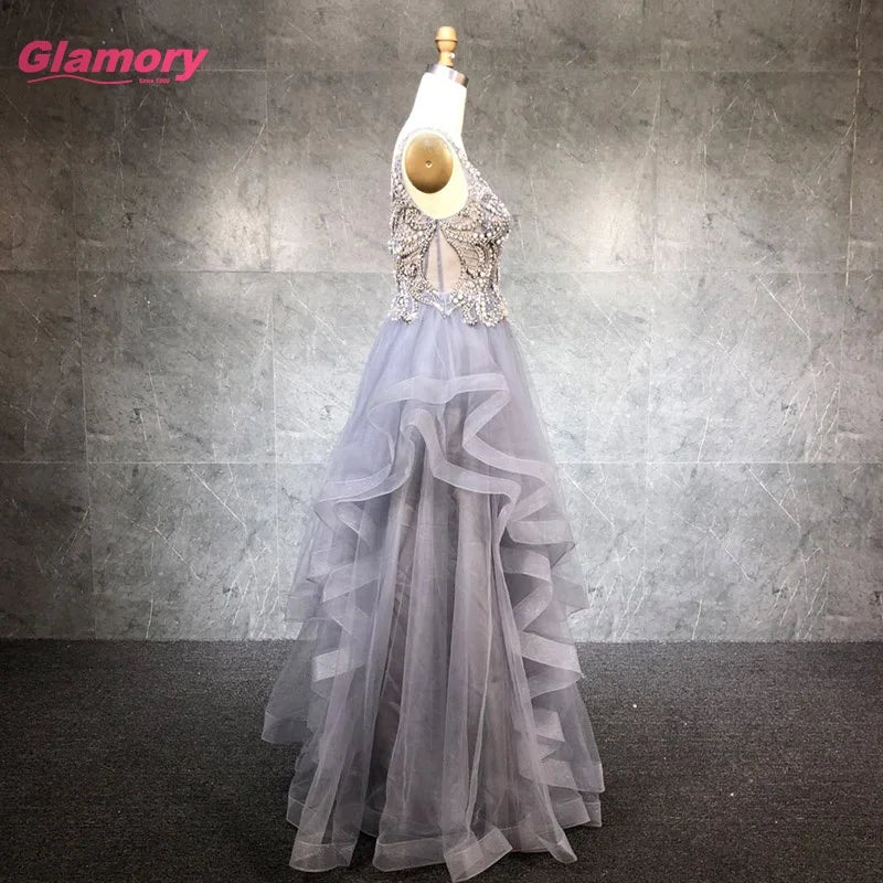 Gray Deep V-neck Puffy Evening Dresses Long Seductive Tulle Beading Prom for Women