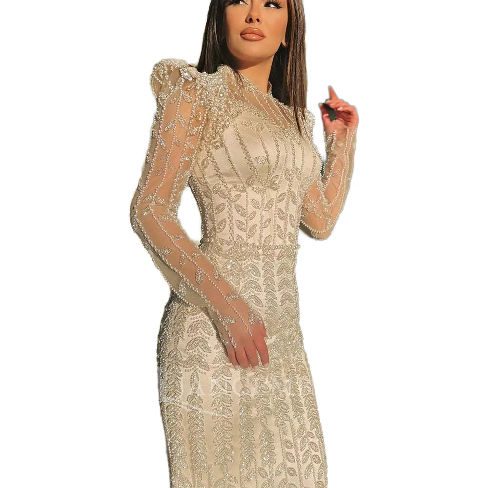 Luxury Elegant Pink Beaded Evening Dress Draped Rhinestone Pearl Long Sleeves for Women Formal Wedding Party