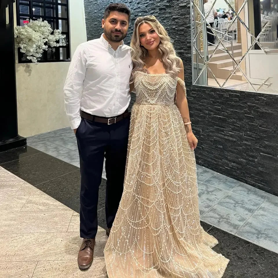 New Saudi Arabic Nude Pearls Beaded Design A-Line Evening Dresses Gowns for Formal Occasion